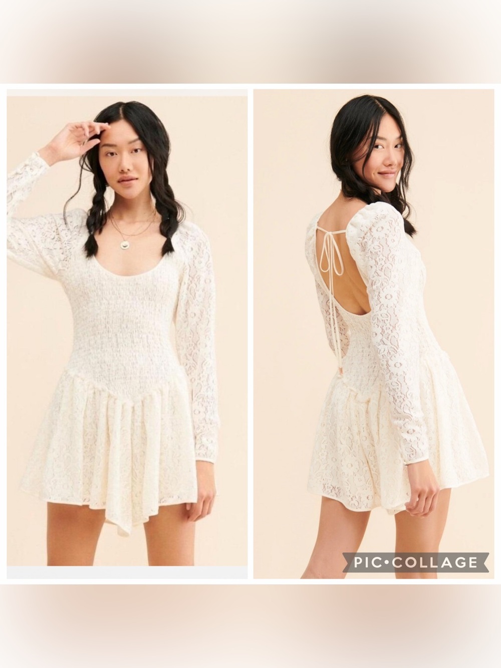 FREE PEOPLE NINA LACE MINI DRESS SMOCKED LACE TUNIC DRESS IVORY Size Small